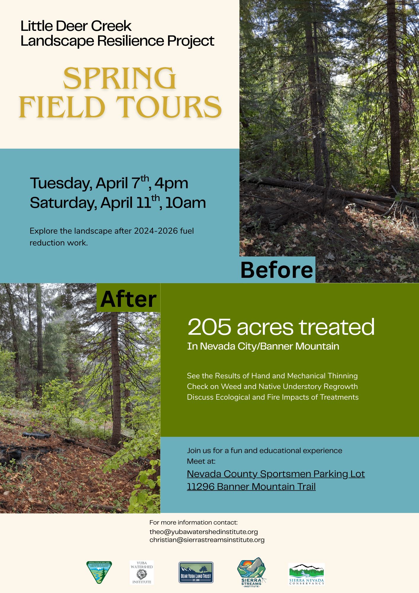 Flyer for Little Deer Creek Spring Field Tours showing before and after photos of forest fuel reduction treatments